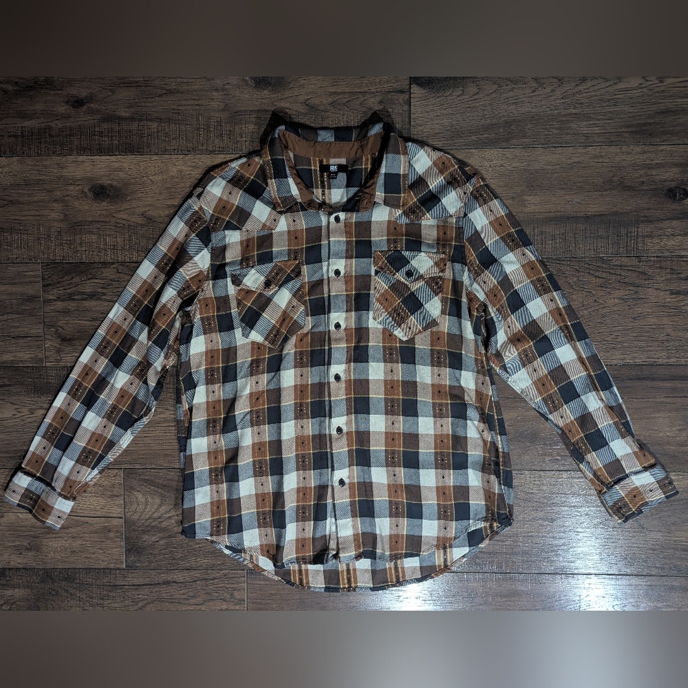FRYE Mens Black & Brown Plaid Western Style Button Down Shirt Size XXL Cotton